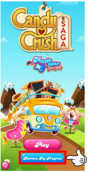 Opening screen showing the game's title Candy Crush Saga. Below there's a tour bus full of music instruments and the name of the season: Music tour season. Tiffi and Misty are standing next to the bus. There's a pink "Play" button and a blue "Retrieve my Progress" button. A hand is pointing at that blue button