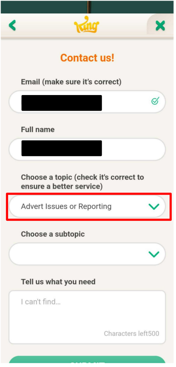 Contact Form. Choose Advert Issues or Reporting from the drop-down list