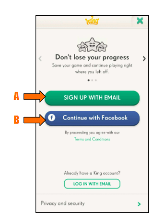 Skjermbilde for å logge inn/registrere seg i King‑spill. Det er en grønn knapp for å «Registrer deg med e‑post» for å opprette en King‑konto, under er det en blå knapp med teksten «Continue with Facebook». Det er en lenke til vilkår, og nederst på skjermen er det en hvit knapp med grønne bokstaver for å logge inn på en eksisterende King‑konto