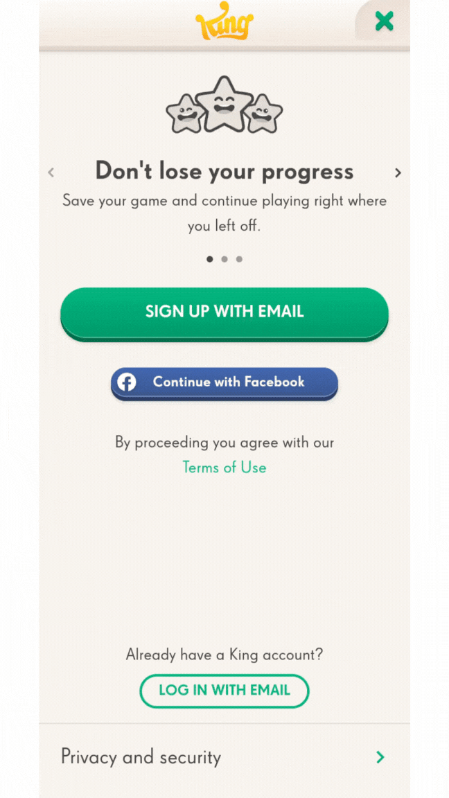 Facebookでサインインする方法を示すGIF。青い「Continue with Facebook」ボタンをタップすると、ゲームがあなたのFacebookアカウントにリンクされます
