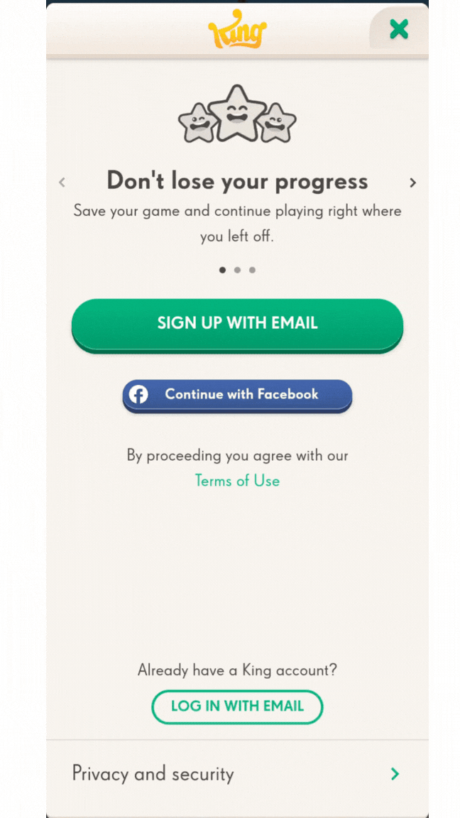 Το GIF δείχνει πώς να εγγραφείτε με email για να δημιουργήσετε λογαριασμό King. Πατάτε το πράσινο κουμπί και εισάγετε τη διεύθυνση email και τον κωδικό πρόσβασής σας