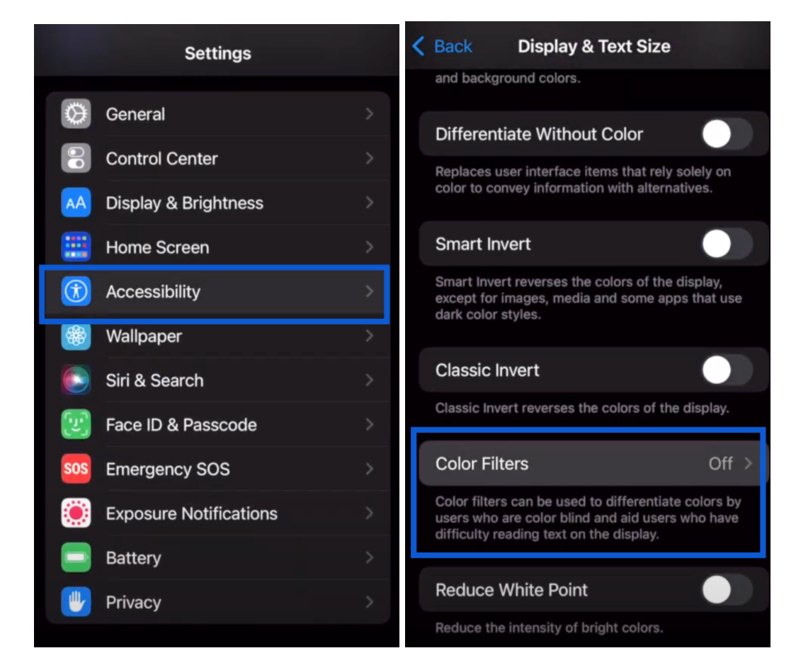 ภาพหน้าจอการตั้งค่าที่เกี่ยวข้องกับตัวกรองสี