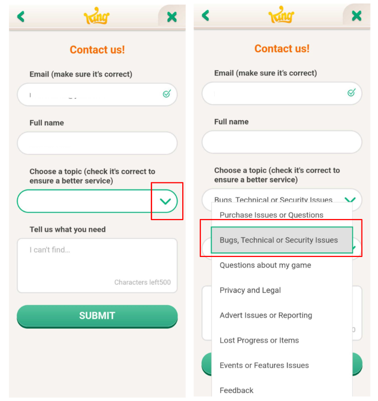 Screenshots showing the contact form, and pointing to where to choose the topic and which topic to choose