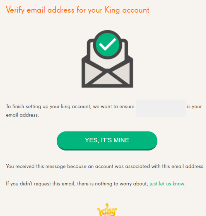 Ελήφθη email επαλήθευσης στα εισερχόμενα, που ζητά από τον παίκτη να πατήσει το πράσινο κουμπί που γράφει "Ναι, είναι δικό μου" για να επαληθεύσει τη διεύθυνση
