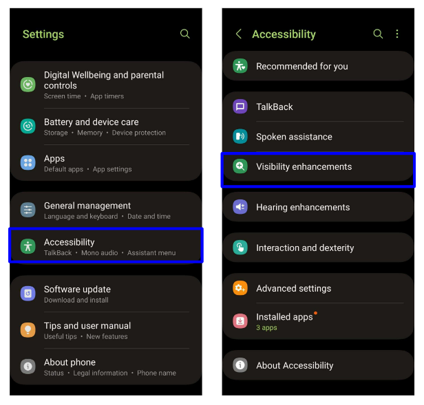 2 स्क्रीनशॉट: पहला—Android फ़ोन में सेटिंग्स की सूची, जहाँ Accessibility हाइलाइट है। दूसरा—Accessibility पर टैप करने के बाद दिखने वाली सूची, जिसमें TalkBack, Spoken assistance, Hearing enhancements और Visibility enhancements जैसे विकल्प शामिल हैं। 