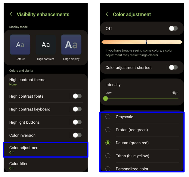 Dos capturas. La primera es el menú de mejoras de visibilidad, con Modo de pantalla y opciones para colores y nitidez; una de las opciones es Ajuste de color. La segunda captura muestra lo que ves al tocar Ajuste de color: puedes activar o desactivar la función, seleccionar la intensidad y elegir entre escala de grises, protán, deután, tritán o color personalizado.