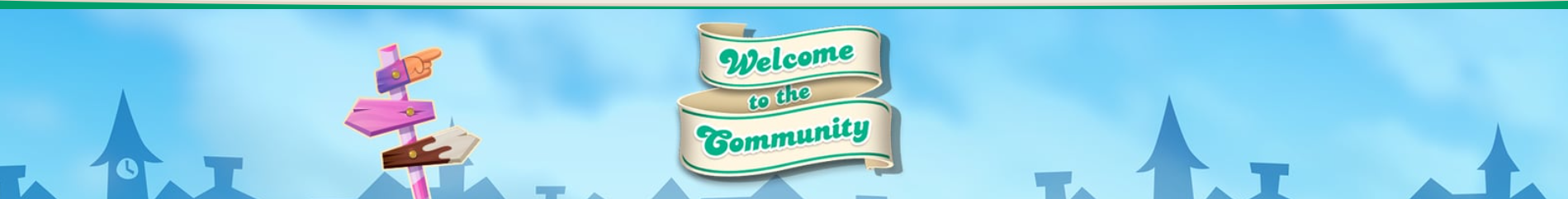Banner with a cartoon-style sky and rooftops background. A whimsical signpost points in multiple directions on the left, and a ribbon banner in the center reads “Welcome to the Community” in playful green and teal lettering.