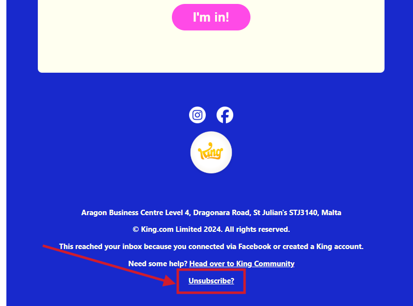 Captura de tela do rodapé de um e-mail de marketing da King, com o botão Cancelar Inscrição destacado